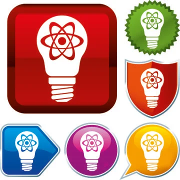 Set shiny icon series on buttons. Lightbulb atomic. Stock Illustration