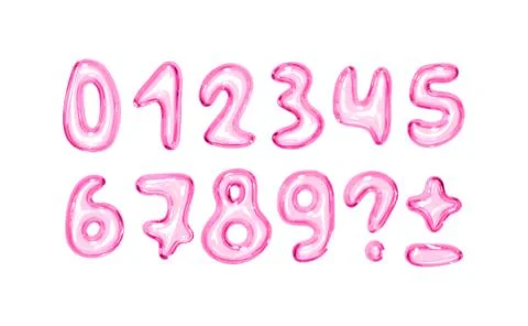 Set of shiny pink bubble style numbers and symbols on white background. Playf Stock Illustration