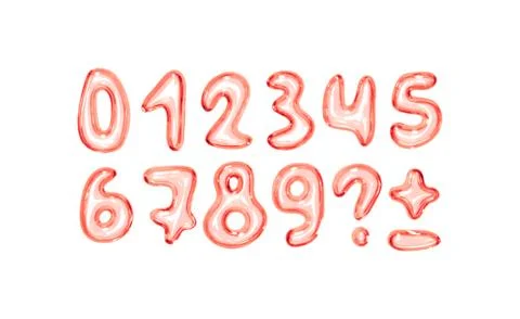 Set of shiny pink bubble style numbers and symbols on white background. Playf Stock Illustration