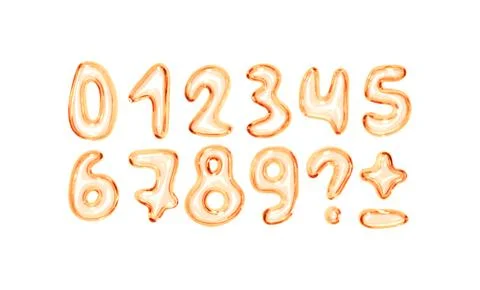 Set of shiny pink bubble style numbers and symbols on white background. Playf Stock Illustration