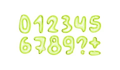Set of shiny pink bubble style numbers and symbols on white background. Playf Stock Illustration