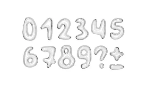 Set of shiny pink bubble style numbers and symbols on white background. Playf Stock Illustration