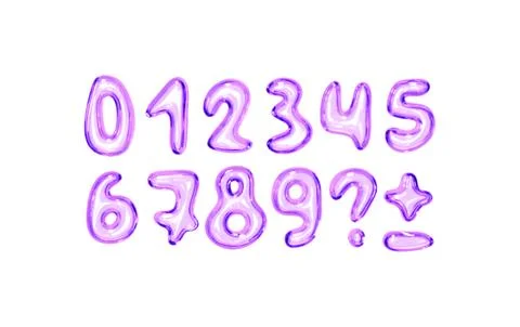 Set of shiny purple bubble style numbers and symbols on white background. P.. Stock Illustration