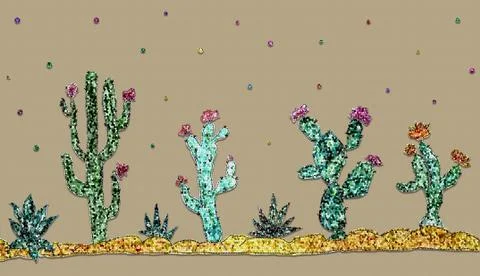 Set with shiny sequins cacti and flowers on craft paper background. Stock Illustration