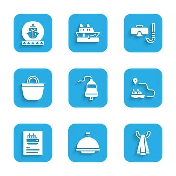 Set Ship bell, Covered with tray, Towel on hanger, line path, Cruise ship, Beach Stock Illustration