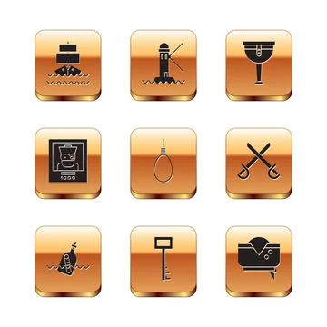 Set Ship, Bottle with message in water, Pirate key, Gallows rope loop hanging Illustrazione stock