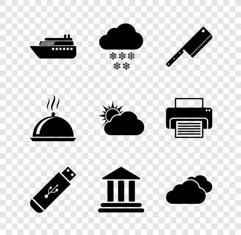Set Ship, Cloud with snow, Meat chopper, USB flash drive, Bank building and icon Ilustración de archivo