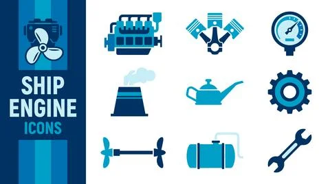 Set of Ship Engine Icons and Symbols for Marine Industry. Stock Illustration