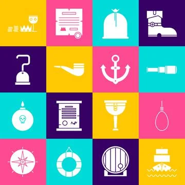 Set Ship, Gallows rope loop hanging, Spyglass telescope lens, Pirate sack Stock Illustration