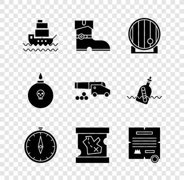 Set Ship, Leather pirate boots, Wooden barrel, Compass, Pirate treasure map.. Stock Illustration