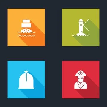 Set Ship, Lighthouse, Pirate sack and captain icon. Vector Stock Illustration