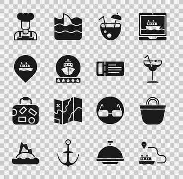 Set Ship line path, Beach bag, Cocktail, Coconut cocktail, Cruise ship, Locat Stock Illustration