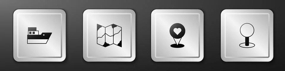 Set Ship line path, Folded map, Location with heart and Push pin icon. Silv.. Stock Illustration