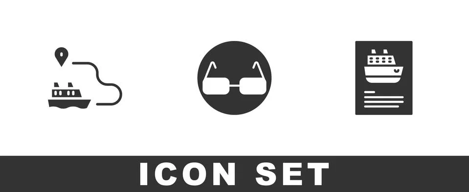 Set Ship line path, Glasses and Cruise ship icon. Vector Stock Illustration