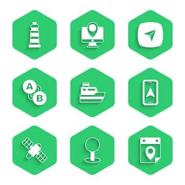 Set Ship line path, Push pin, Travel planning calendar, City map navigation Stock Illustration