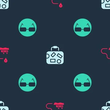 Set Ship line path, Suitcase and Glasses on seamless pattern. Vector Stock Illustration