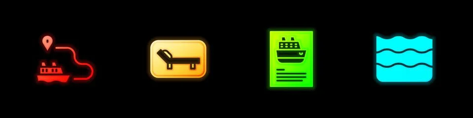 Set Ship line path, Sunbed and umbrella, Cruise ship and Wave icon. Vector 스톡 일러스트