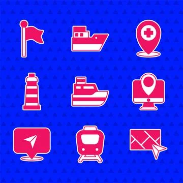 Set Ship line path, Train, City map navigation, Monitor with location marker Illustrazione stock