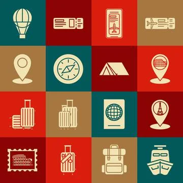 Set Ship, Map pointer with Eiffel tower, Coliseum Rome, Italy, Smartphone e.. Illustration