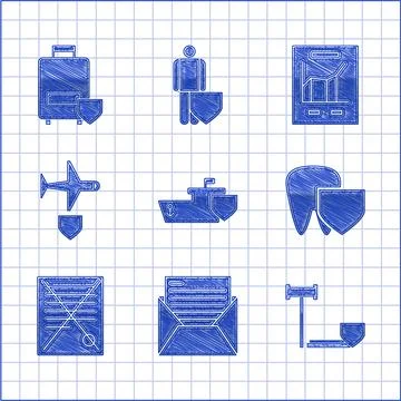 Set Ship with shield, Mail and e-mail, Judge gavel, Tooth, Delete file document Illustrazione stock