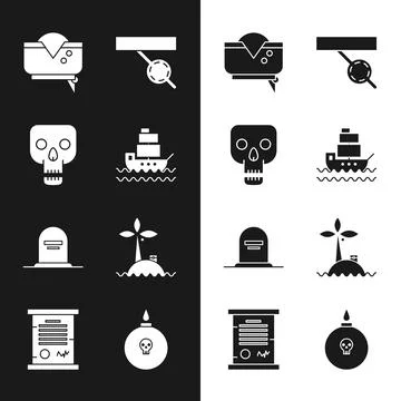 Set Ship, Skull, Pirate hat, eye patch, Tombstone with RIP written, Tropical Illustrazione stock