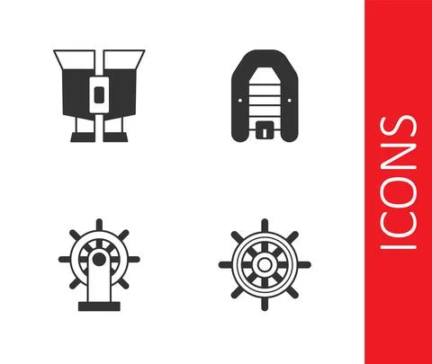 Set Ship steering wheel, Binoculars, and Inflatable boat with motor icon. Vector Illustration