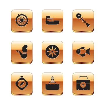 Set Ship steering wheel, Compass, Floating buoy, Wind rose, Smoking pipe, Dead Stock Illustration