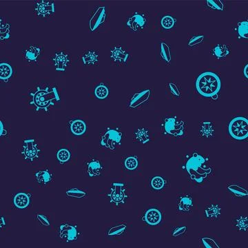 Set Ship steering wheel, Compass, Speedboat and Tsunami on seamless pattern Stock Illustration