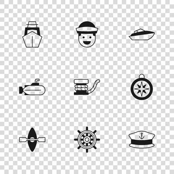 Set Ship steering wheel, Compass, Captain hat, Marine bollard with rope, Sp.. Stock Illustration
