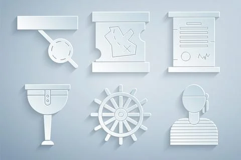 Set Ship steering wheel, Decree, parchment, scroll, Wooden pirate leg, Sailor Stock Illustration