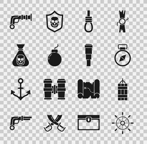 Set Ship steering wheel, Dynamite bomb, Compass, Gallows rope loop hanging, Bomb Stock Illustration