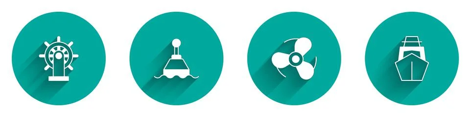 Set Ship steering wheel, Floating buoy, Boat propeller and Yacht sailboat icon Stock Illustration