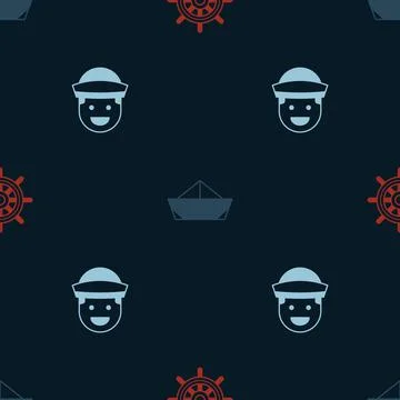 Set Ship steering wheel, Folded paper boat and Sailor on seamless pattern Illustrazione stock