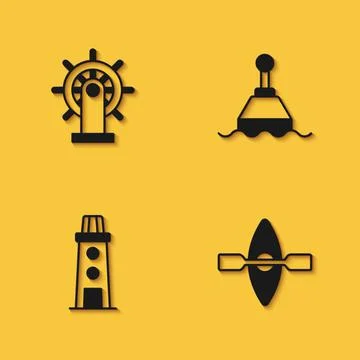 Set Ship steering wheel, Kayak and paddle, Lighthouse and Floating buoy icon Stock Illustration