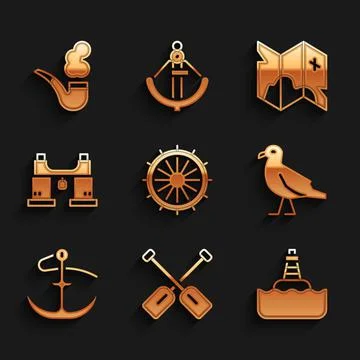 Set Ship steering wheel, Paddle, Floating buoy, Bird seagull, Anchor, Binoculars Stock Illustration