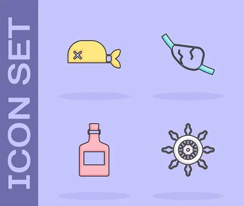 Set Ship steering wheel, Pirate bandana for head, Alcohol drink Rum and eye Stock Illustration