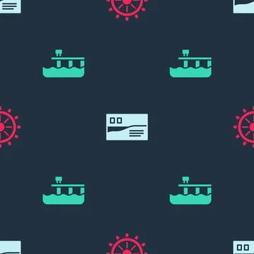 Set Ship steering wheel, Postcard travel and Beach pier dock on seamless pattern Stock Illustration