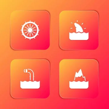 Set Ship steering wheel, Shark fin ocean wave, Periscope and Iceberg icon Stock-Illustration