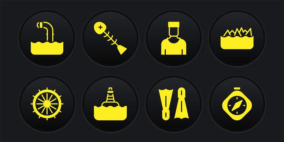 Set Ship steering wheel, Sharp stone reefs, Floating buoy, Flippers for swimming Illustrazione stock
