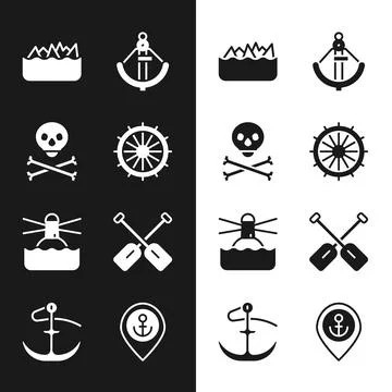 Set Ship steering wheel, Skull on crossbones, Sharp stone reefs, Anchor Stock Illustration
