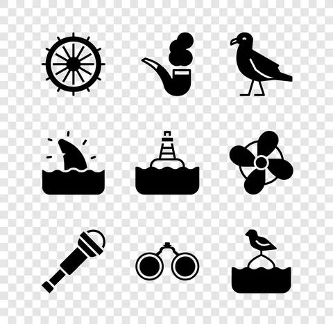 Set Ship steering wheel, Smoking pipe, Bird seagull, Spyglass telescope lens Illustrazione stock