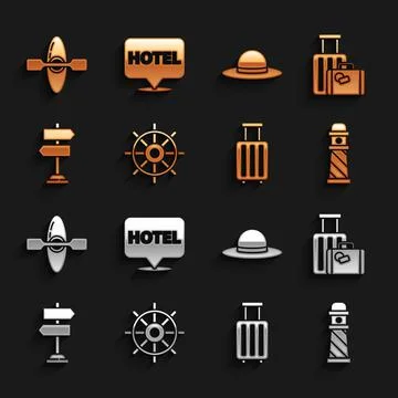 Set Ship steering wheel, Suitcase, Lighthouse, Road traffic sign, Elegant women Illustration