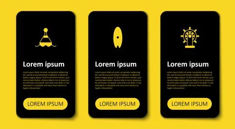 Set Ship steering wheel, Surfboard and Floating buoy. Business infographic Illustrazione stock