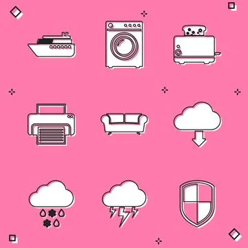 Set Ship, Washer, Toaster with toasts, Printer, Sofa and Cloud download icon Stock Illustration