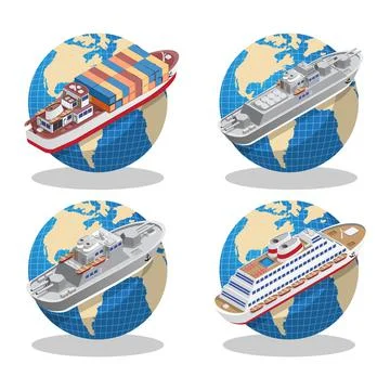 A set of ships on globes. Stock Illustration