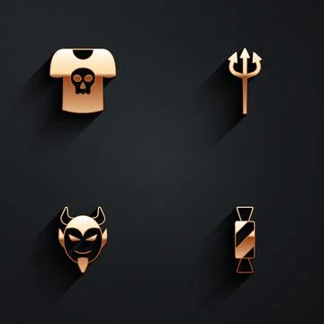 Set Shirt with skull, Trident devil, Devil head and Candy icon with long shadow Illustrazione stock