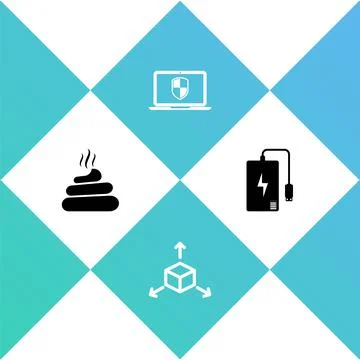 Set Shit, Isometric cube, Laptop with shield and Power bank icon. Vector Stock Illustration