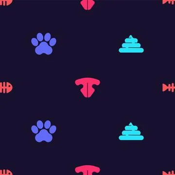 Set Shit, Paw print, Cat nose and Fish skeleton on seamless pattern. Vector Stock Illustration