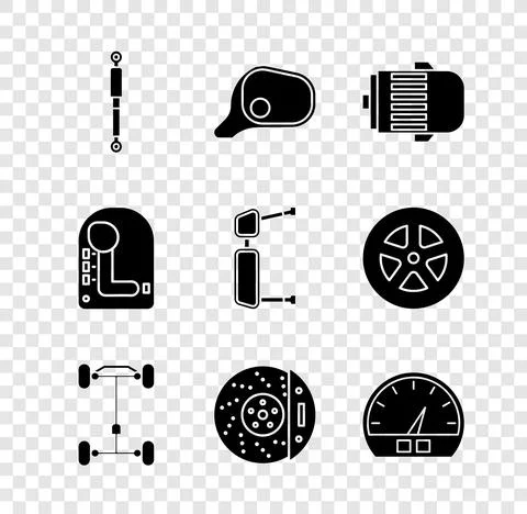 Set Shock absorber, Car mirror, Electric engine, Chassis car, brake disk with Stock Illustration