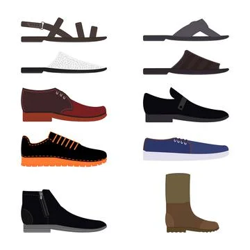 Set of shoes mens. Vector illustrations. Boot, slippers, sandal, sneakers. Stock Illustration